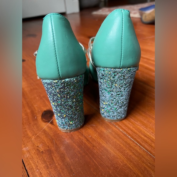 Mod Cloth Dancing Days by Banned seafoam green sparkle block strap heels - Picture 5 of 11